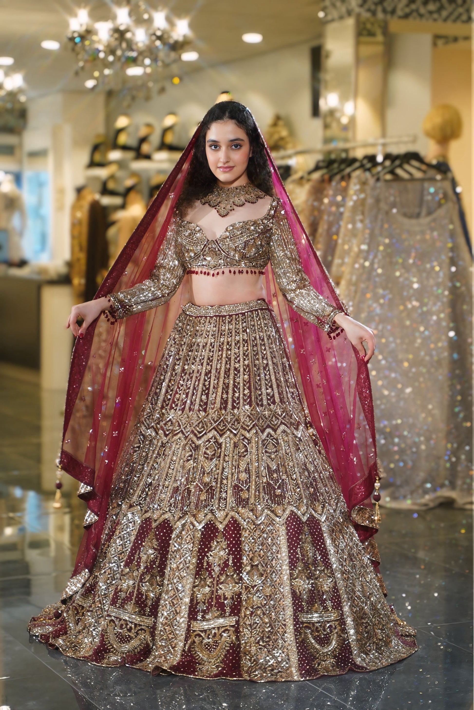 Deep Maroon Geometric Zardosi & Crystal Embroidered Bridal Lehenga Deep Maroon Geometric Zardosi & Crystal Embroidered Bridal Lehenga