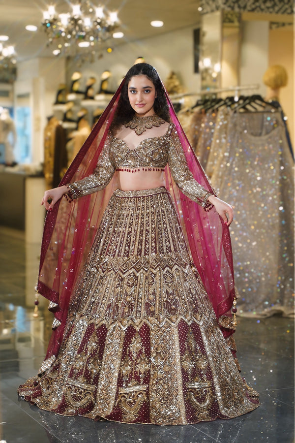Deep Maroon Geometric Zardosi & Crystal Embroidered Bridal Lehenga