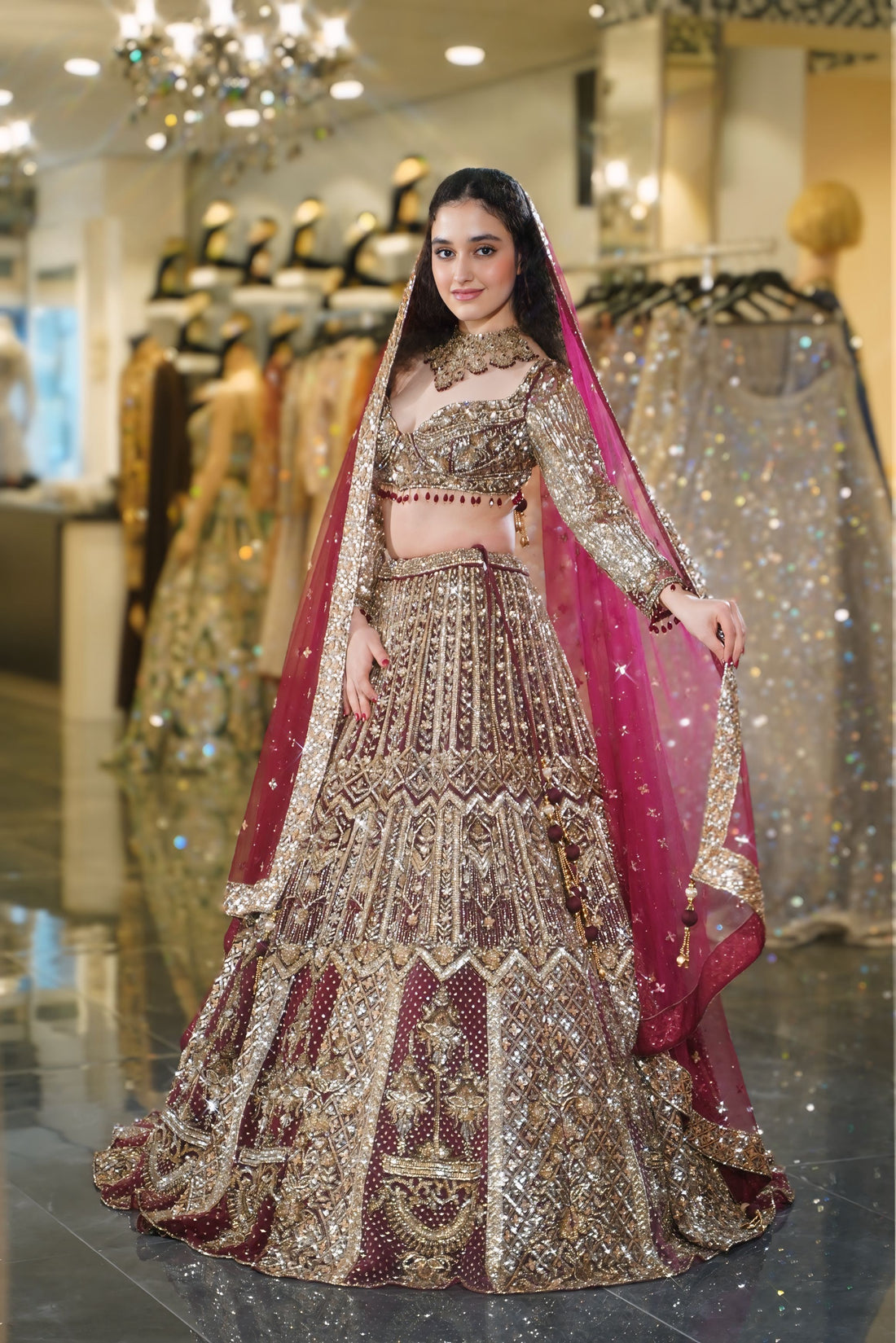 Deep Maroon Geometric Zardosi & Crystal Embroidered Bridal Lehenga