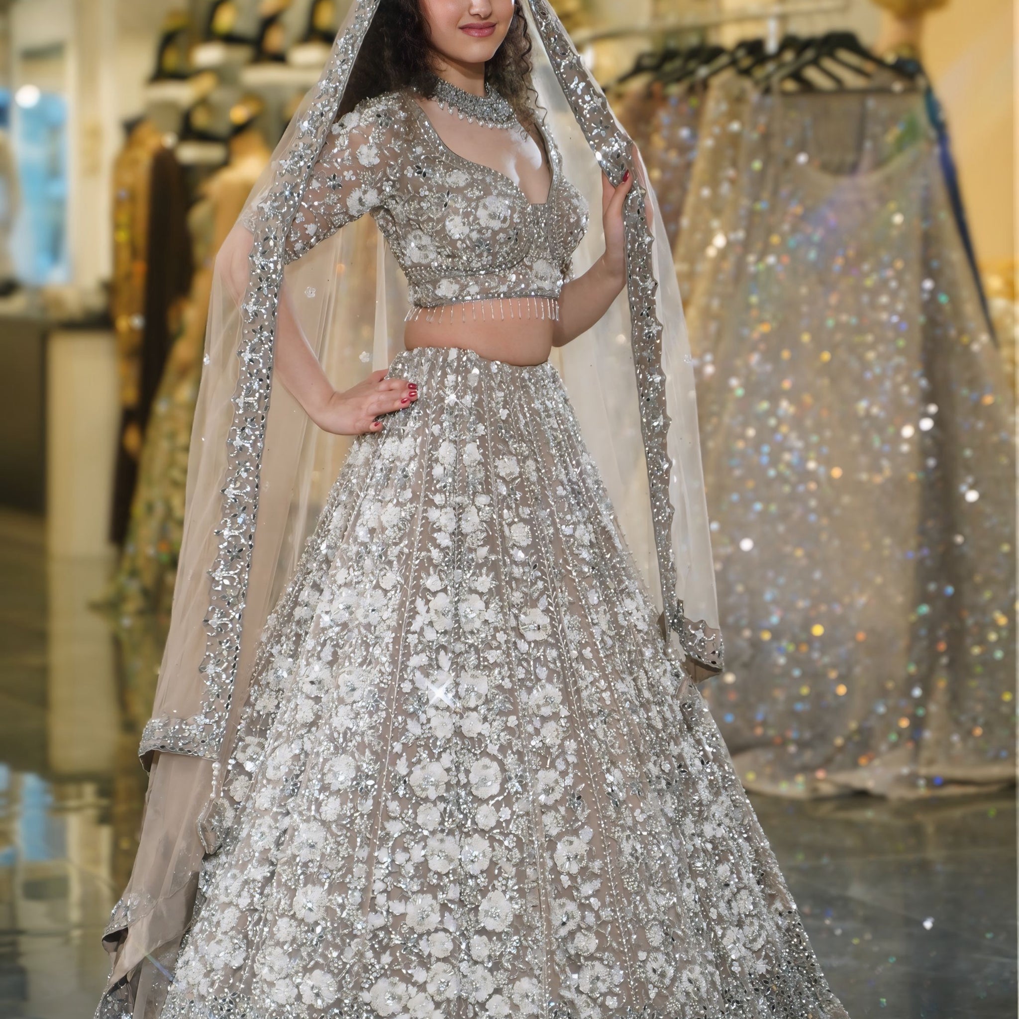 Dusty Taupe Silver 3D Floral & Mirror Work Bridal Lehenga