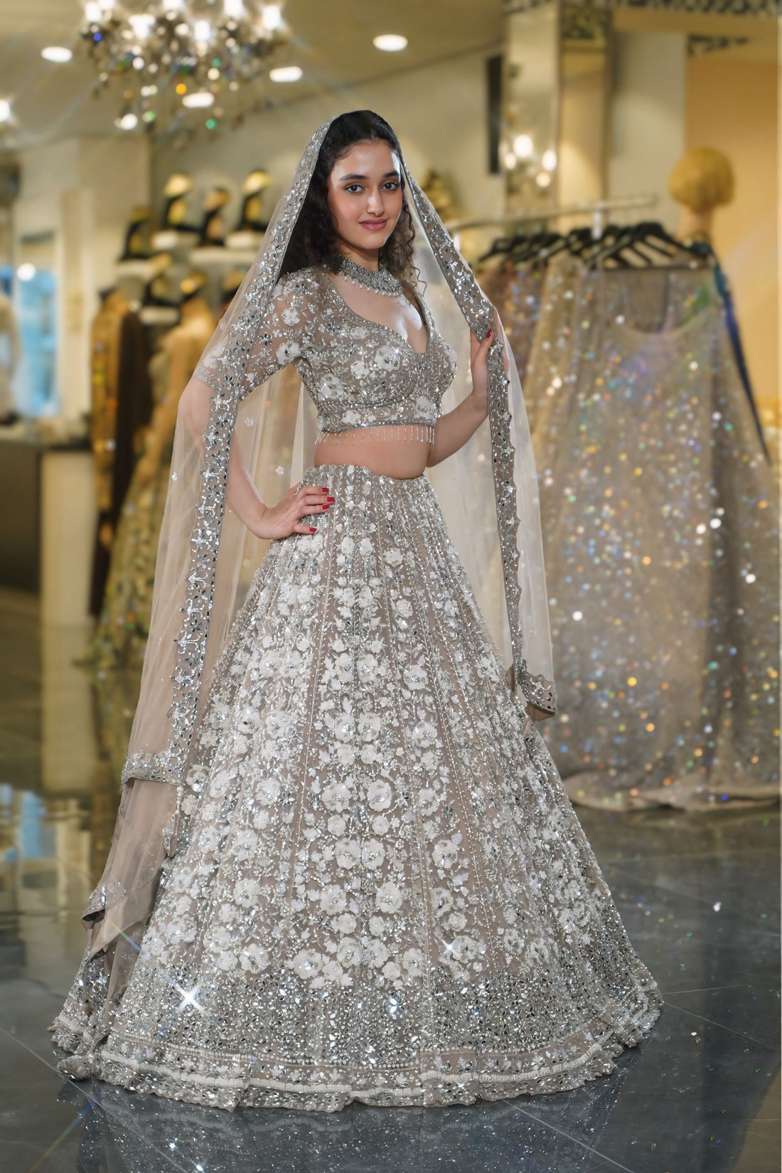 Dusty Taupe Silver 3D Floral & Mirror Work Bridal Lehenga