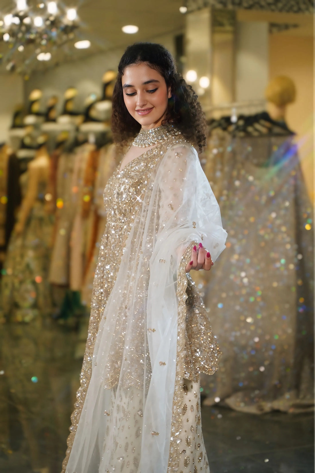 Pure White Gold Sequin Embellished Sharara Set