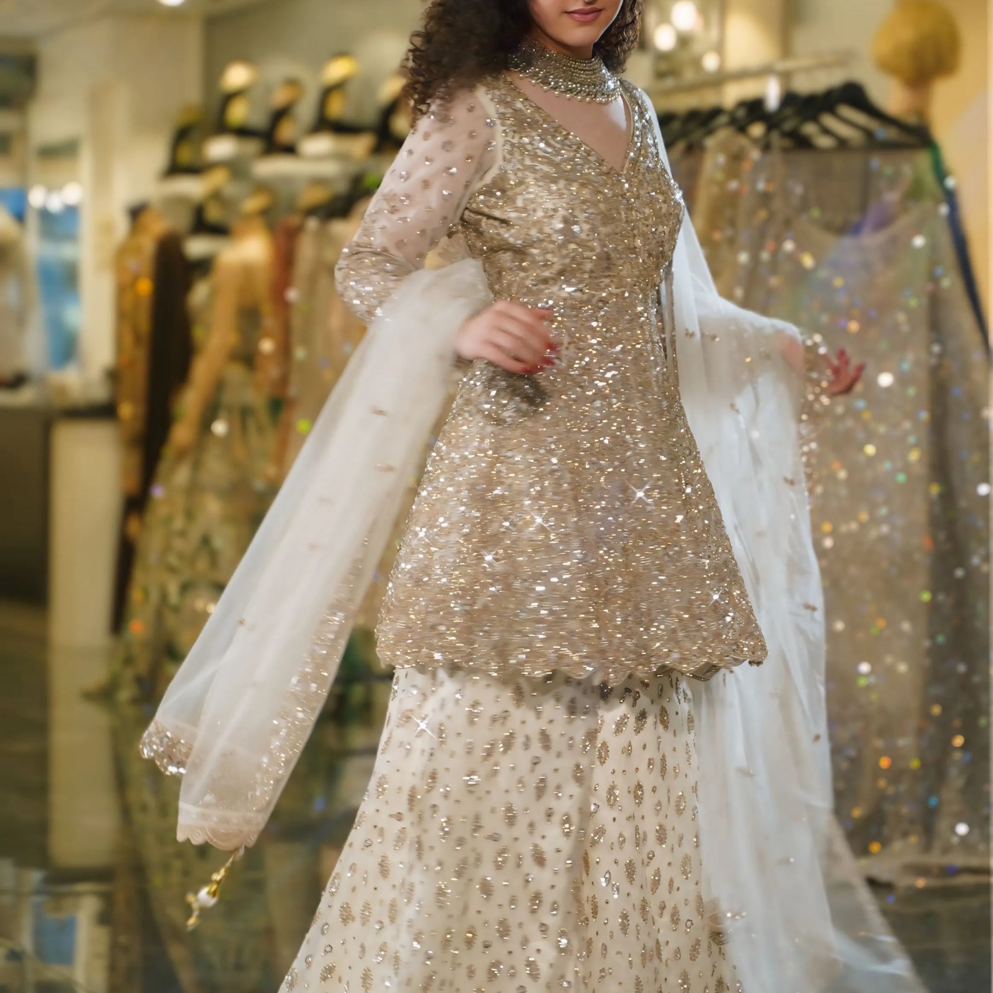 Pure White Gold Sequin Embellished Sharara Set
