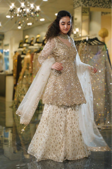 Pure White Gold Sequin Embellished Sharara Set