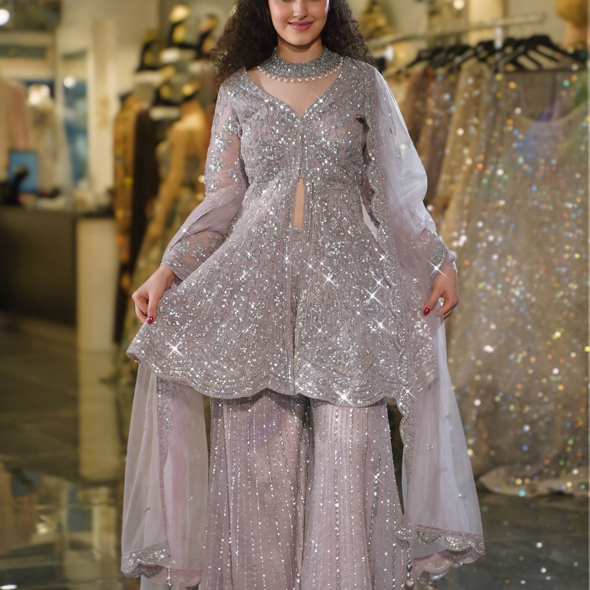 Dusty Lilac Silver Sequin Embellished Sharara Set