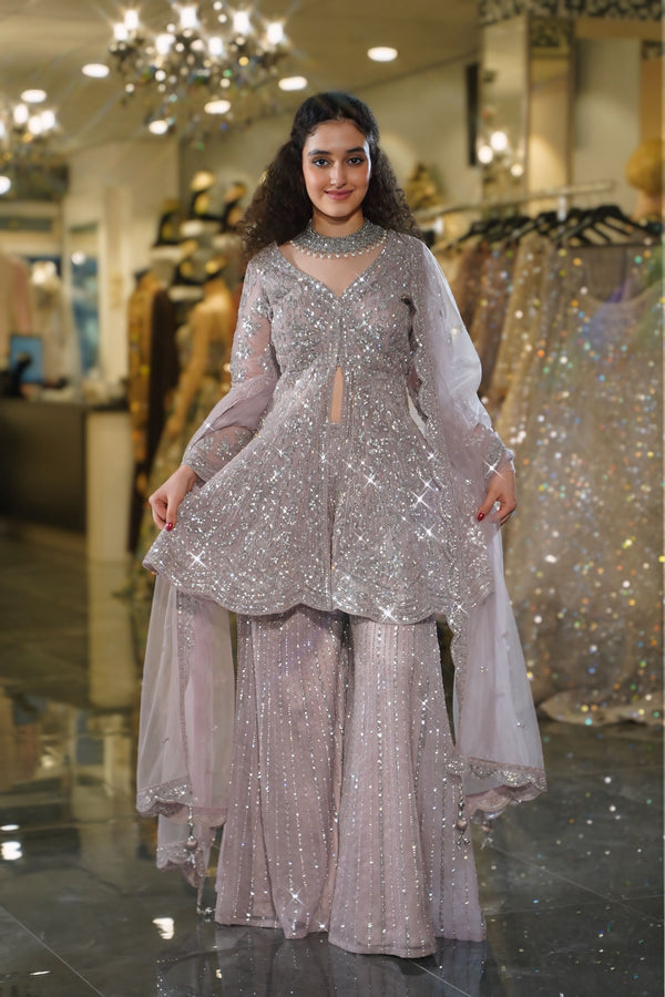 Dusty Lilac Silver Sequin Embellished Sharara Set