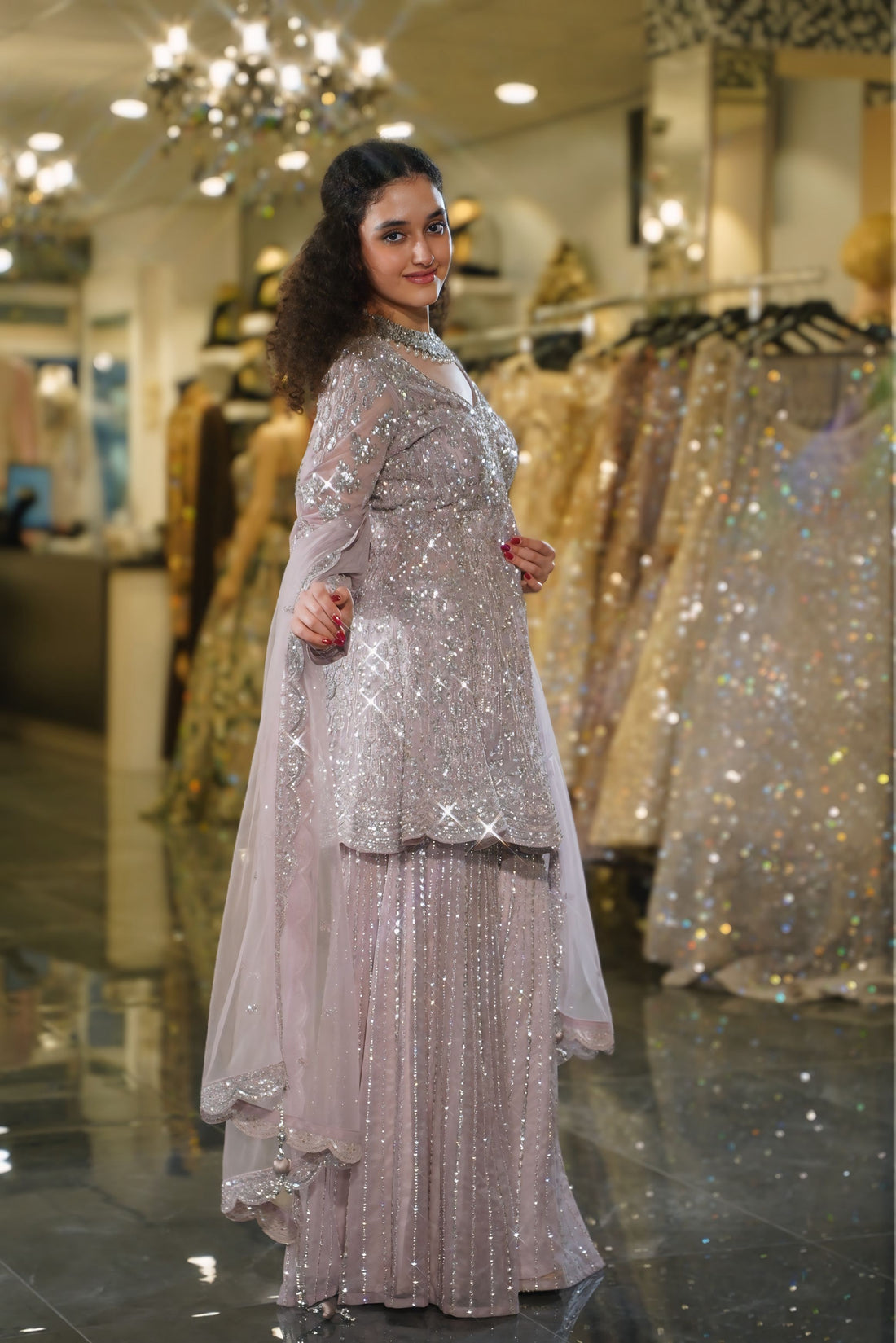 Dusty Lilac Silver Sequin Embellished Sharara Set
