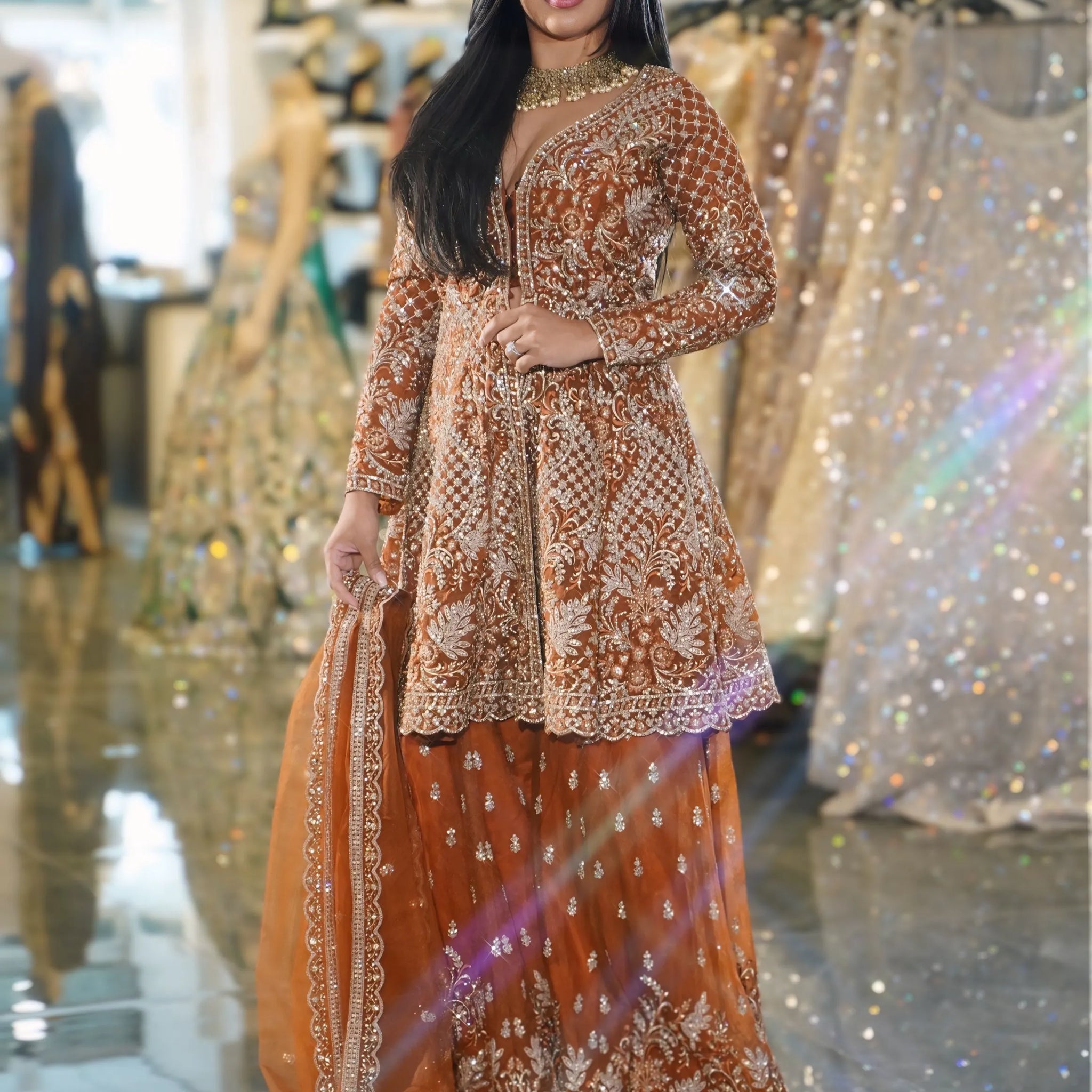 Burnt Orange Gold Embroidered Bridal Sharara Set