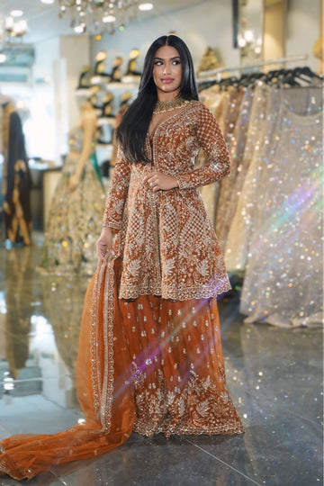 Burnt Orange Gold Embroidered Bridal Sharara Set