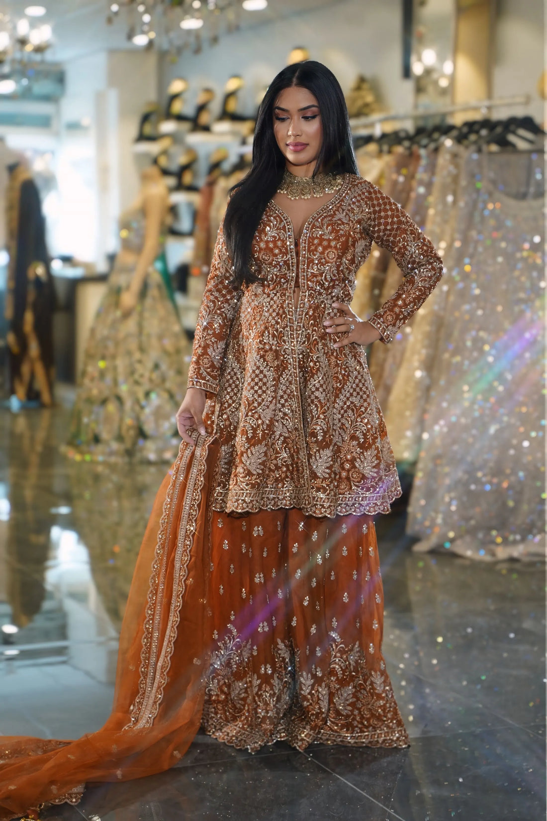 Burnt Orange Gold Embroidered Bridal Sharara Set
