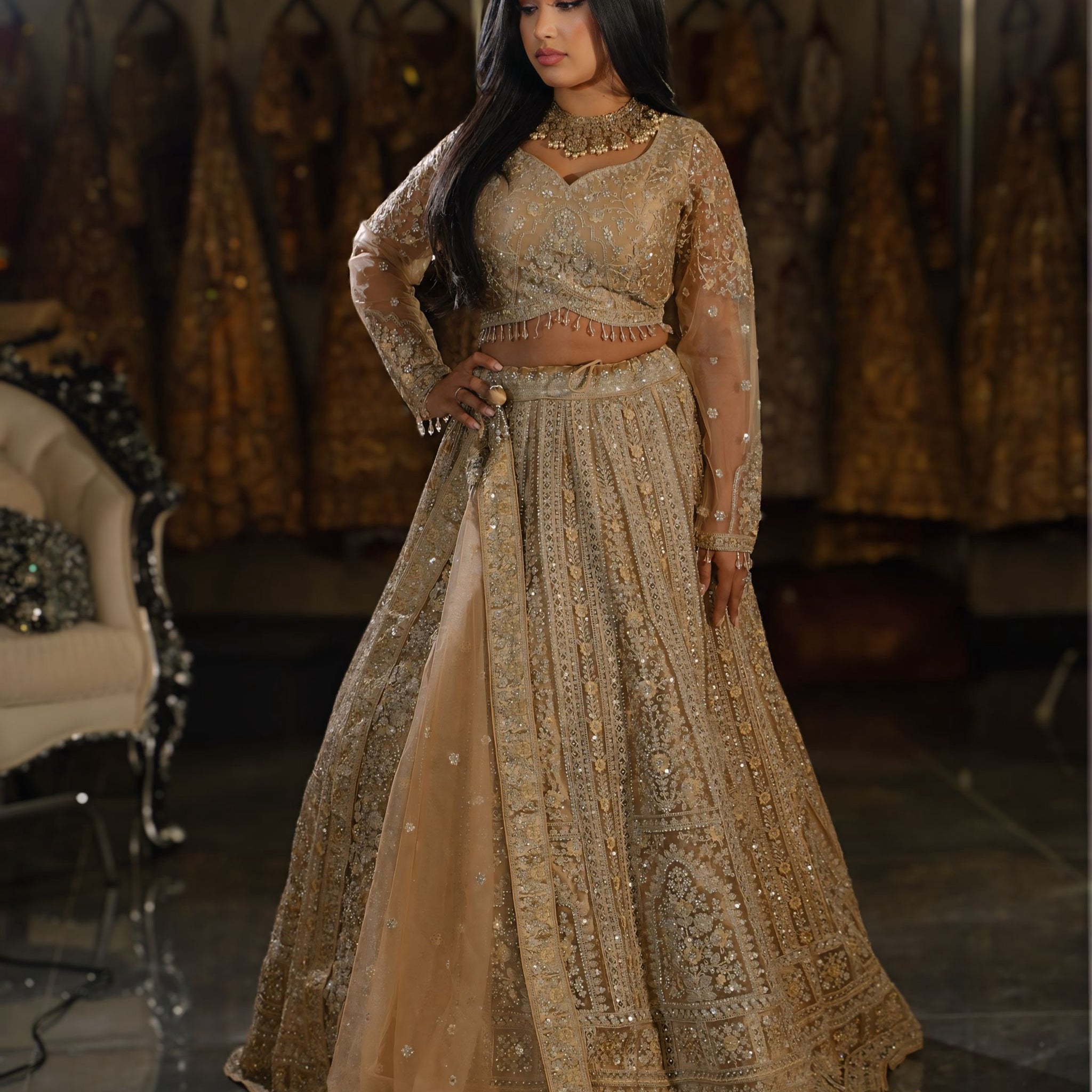 Champagne Gold Linear Zari Bridal Lehenga Set