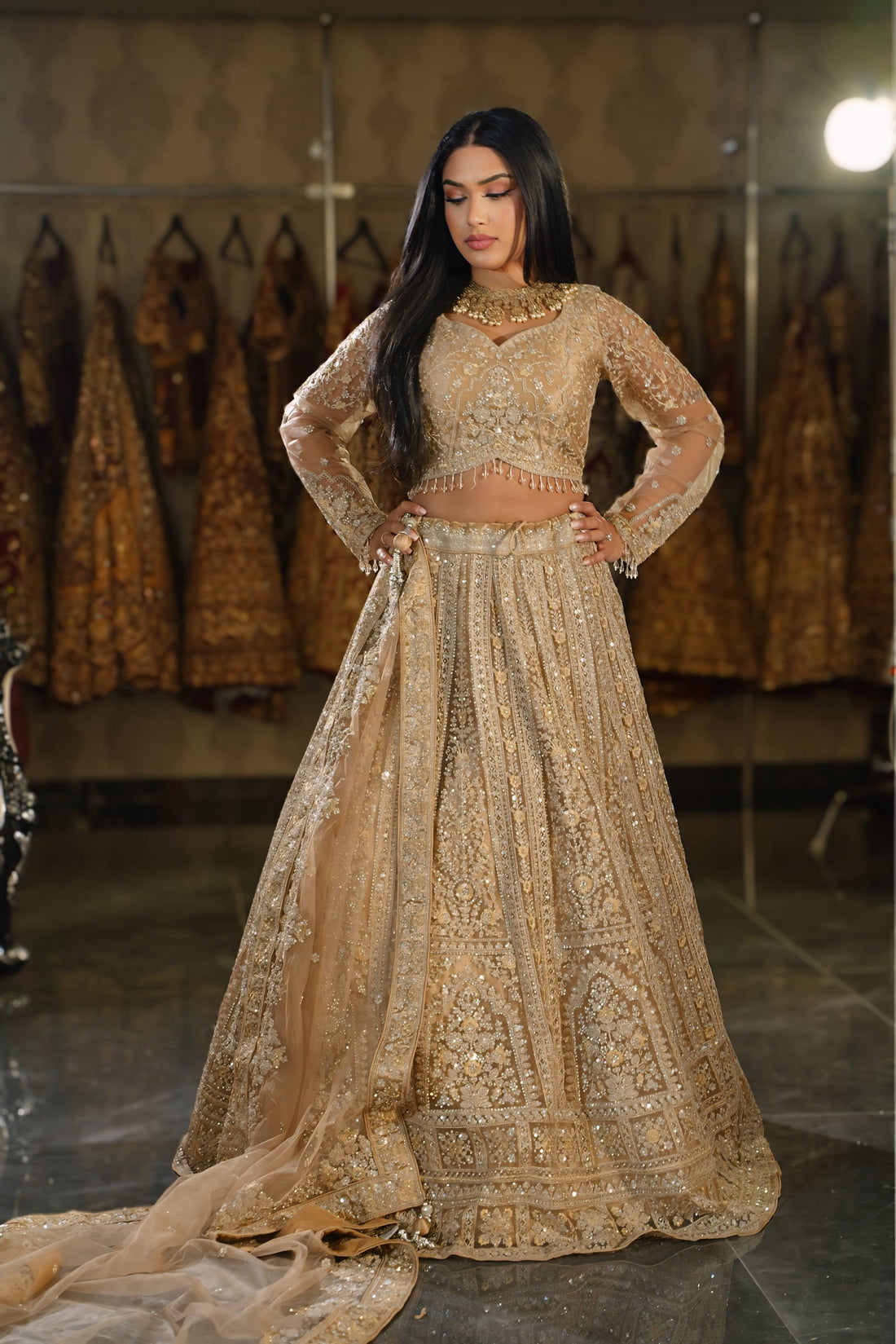 Champagne Gold Linear Zari Bridal Lehenga Set
