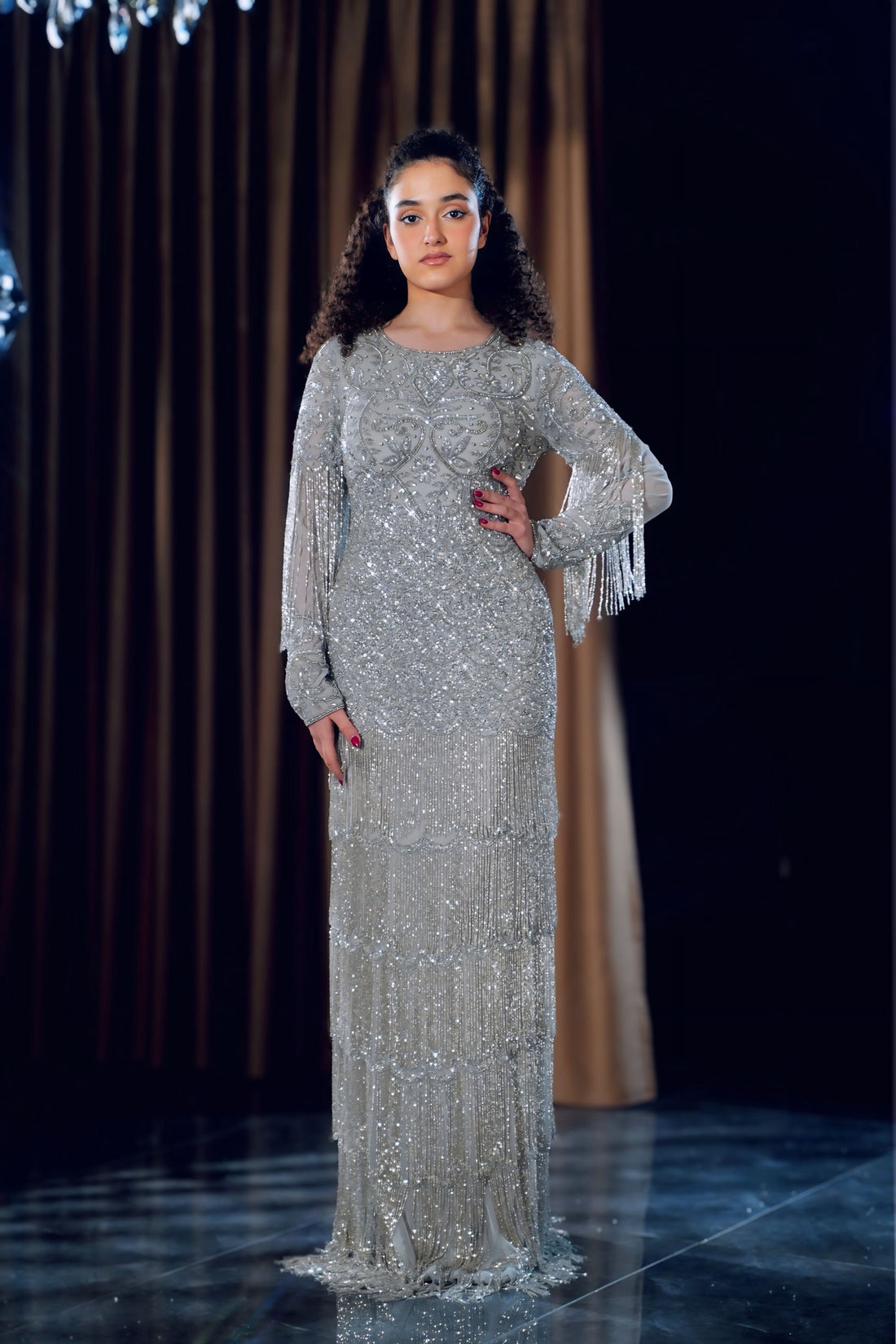 Silver Grey Tiered Beaded Fringe Evening Gown