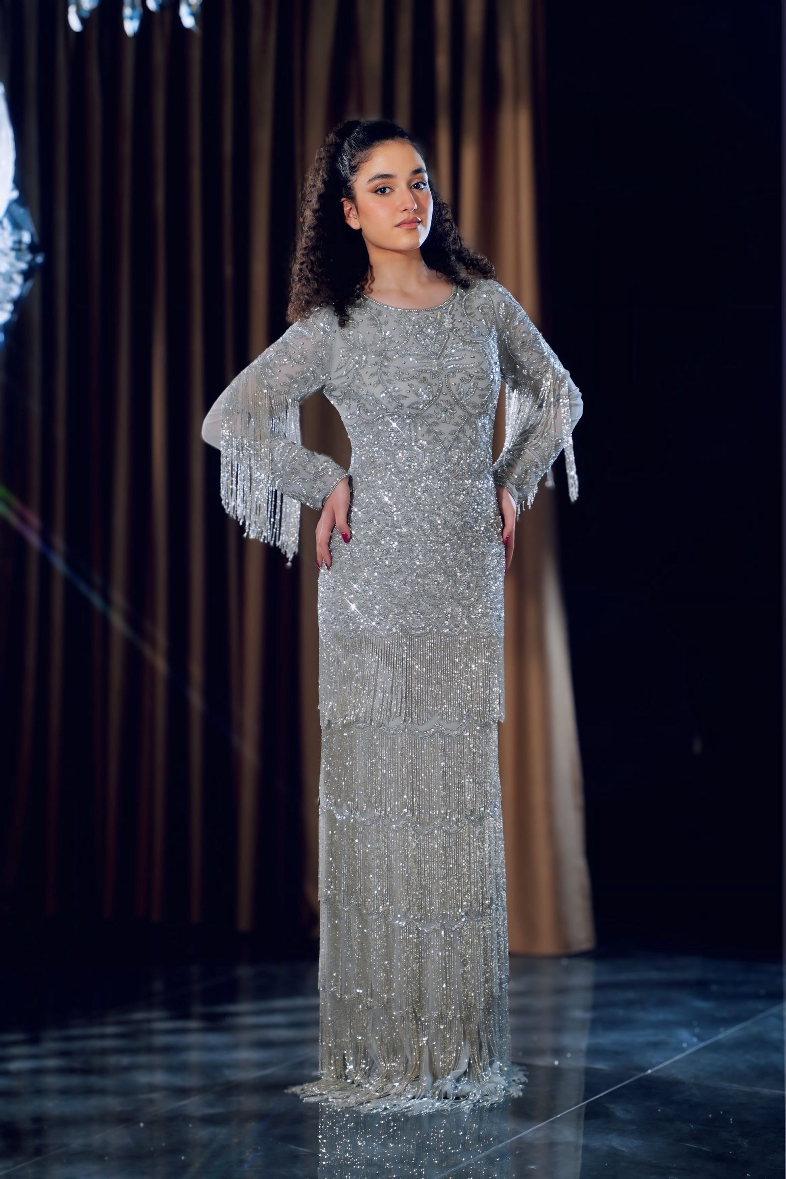 Silver Grey Tiered Beaded Fringe Evening Gown