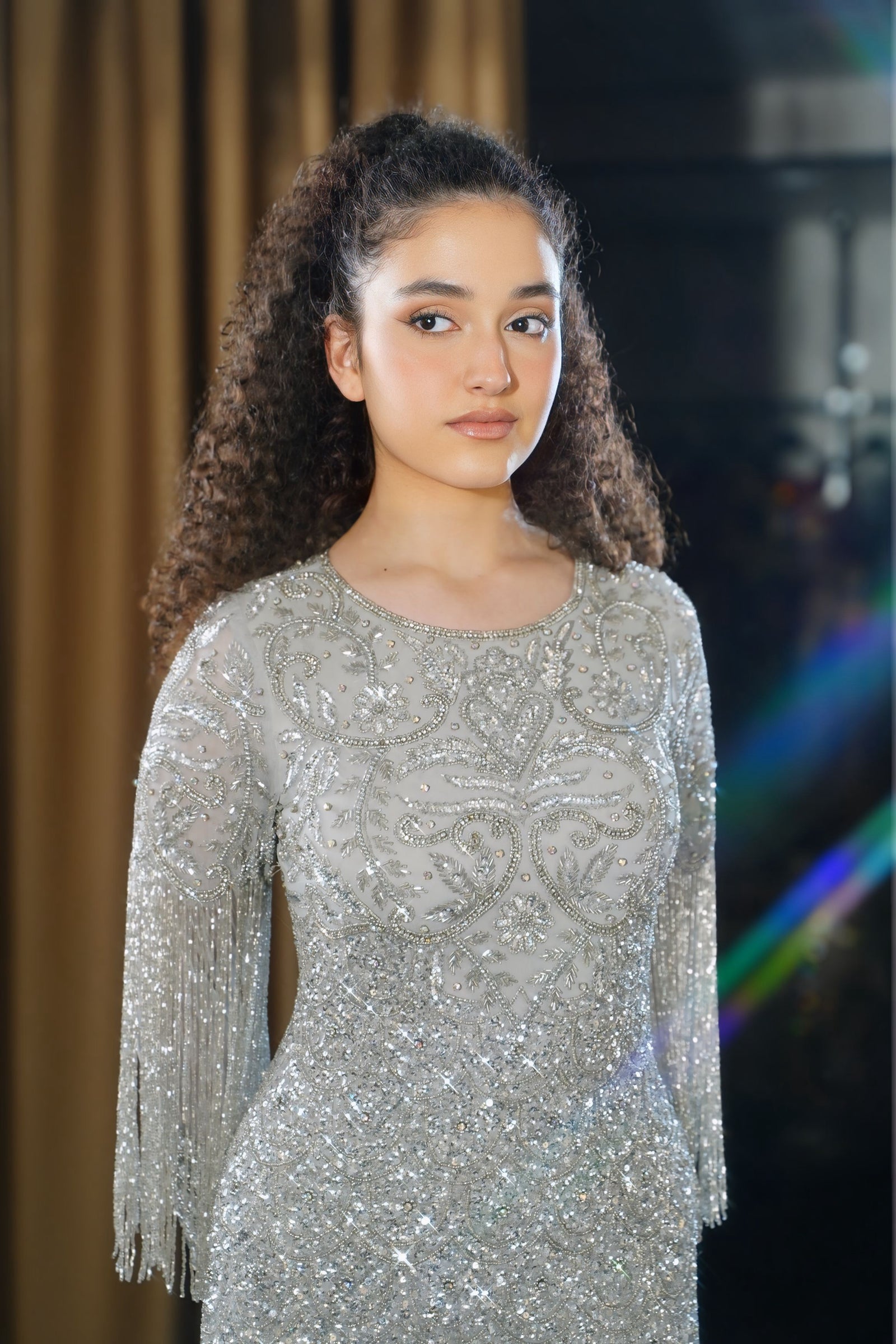 Silver Grey Tiered Beaded Fringe Evening Gown