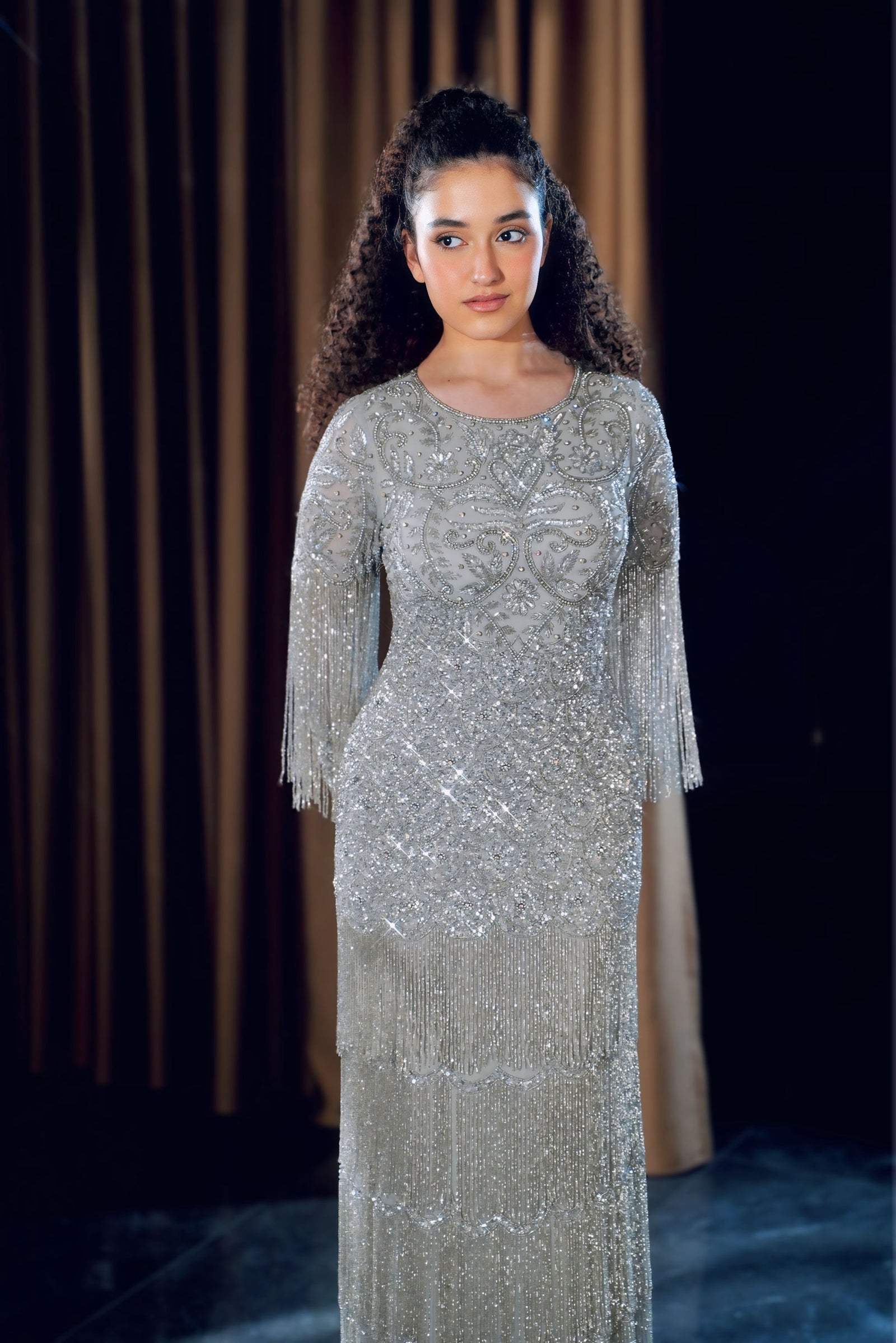 Silver Grey Tiered Beaded Fringe Evening Gown