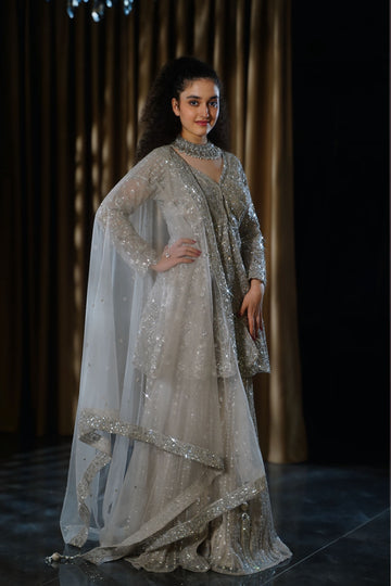 Silver Grey Heavy Sequin & Linear Embroidered Sharara