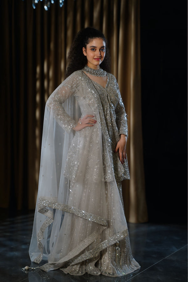 Silver Grey Heavy Sequin & Linear Embroidered Sharara