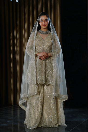 Pale Champagne Gold Heavy Embroidered Jacket-Style Sharara Set