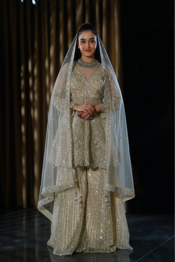 Pale Champagne Gold Heavy Embroidered Jacket-Style Sharara Set