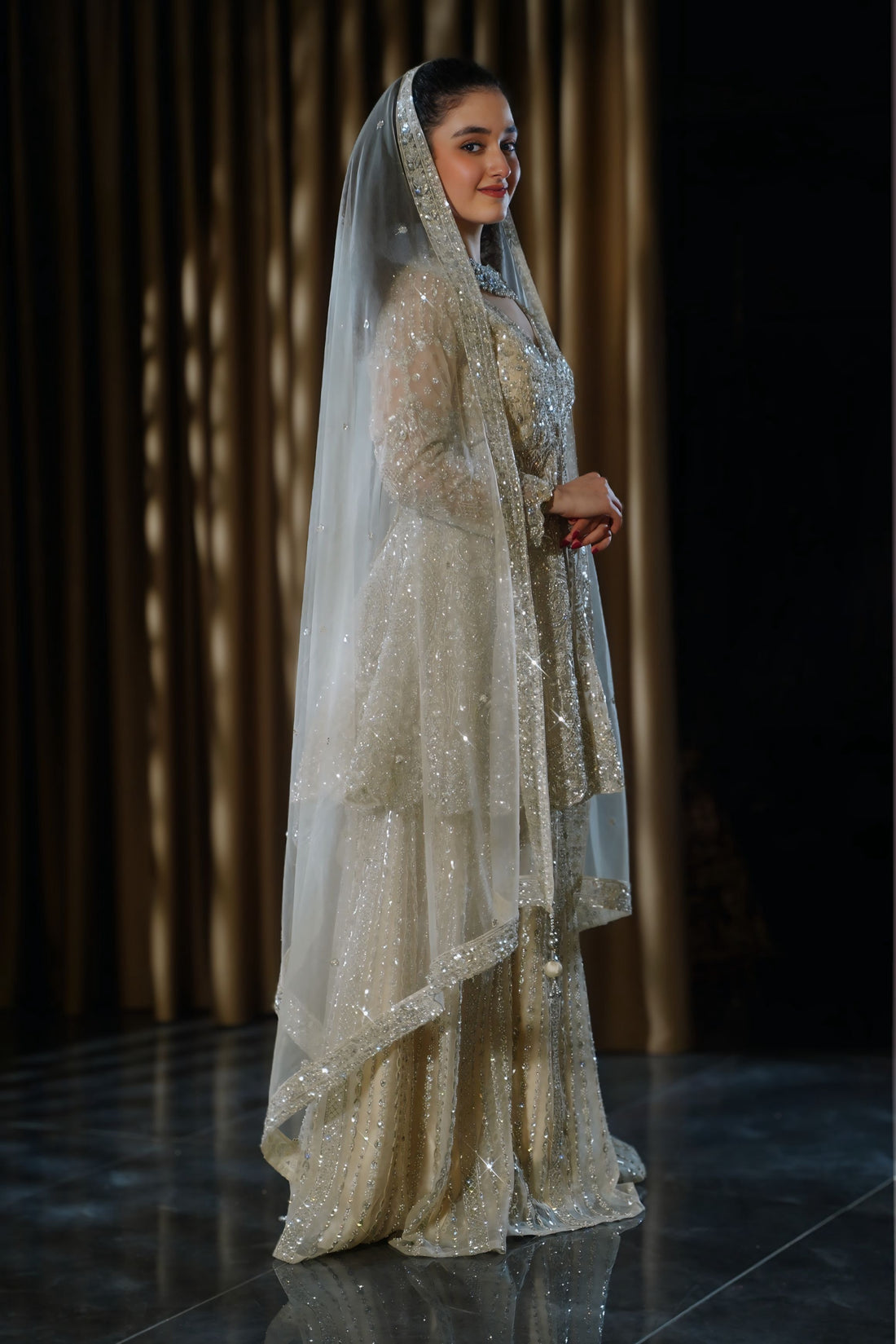 Pale Champagne Gold Heavy Embroidered Jacket-Style Sharara Set