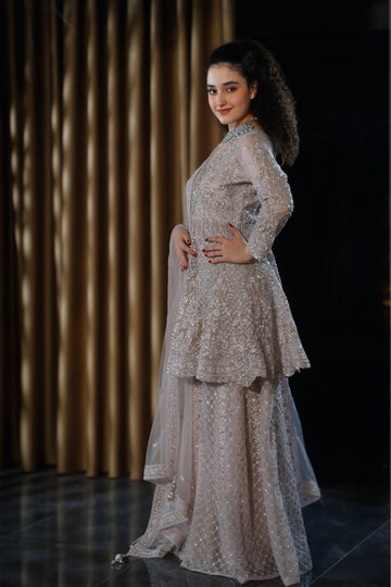 Dusty Mauve Pink Peplum Geometric & Floral Embroidered Sharara Set