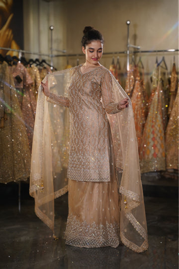 Champagne Beige Geometric Lattice Embroidered Long Kurta Sharara Set