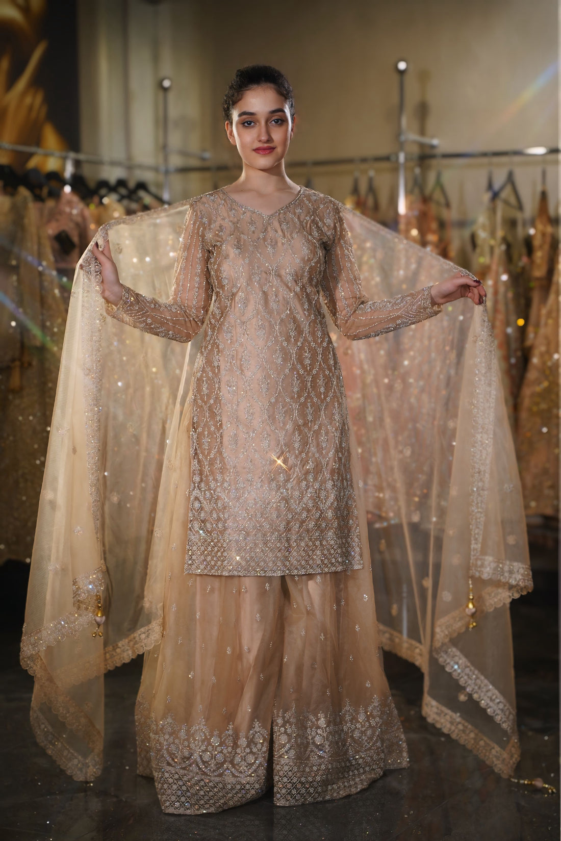 Champagne Beige Geometric Lattice Embroidered Long Kurta Sharara Set