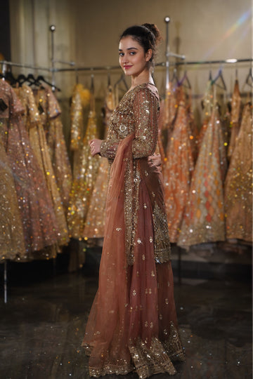 Rust Orange & Antique Gold Sequin Embroidered Long Kurta Sharara Set
