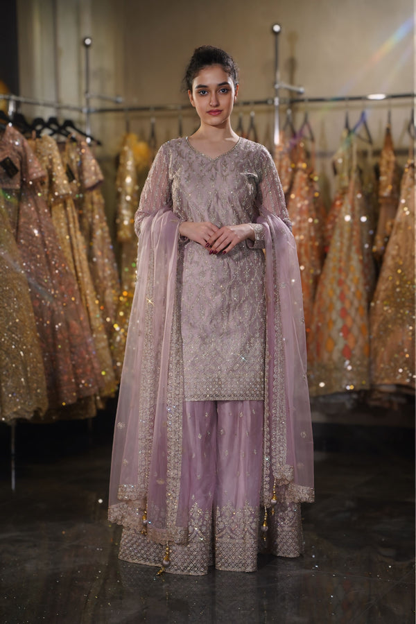 Dusty Lilac Floral Vine & Border Embroidered Long Kurta Sharara Set