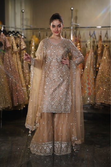 Champagne Beige Heavy Paisley & Geometric Embroidered Long Kurta Sharara Set