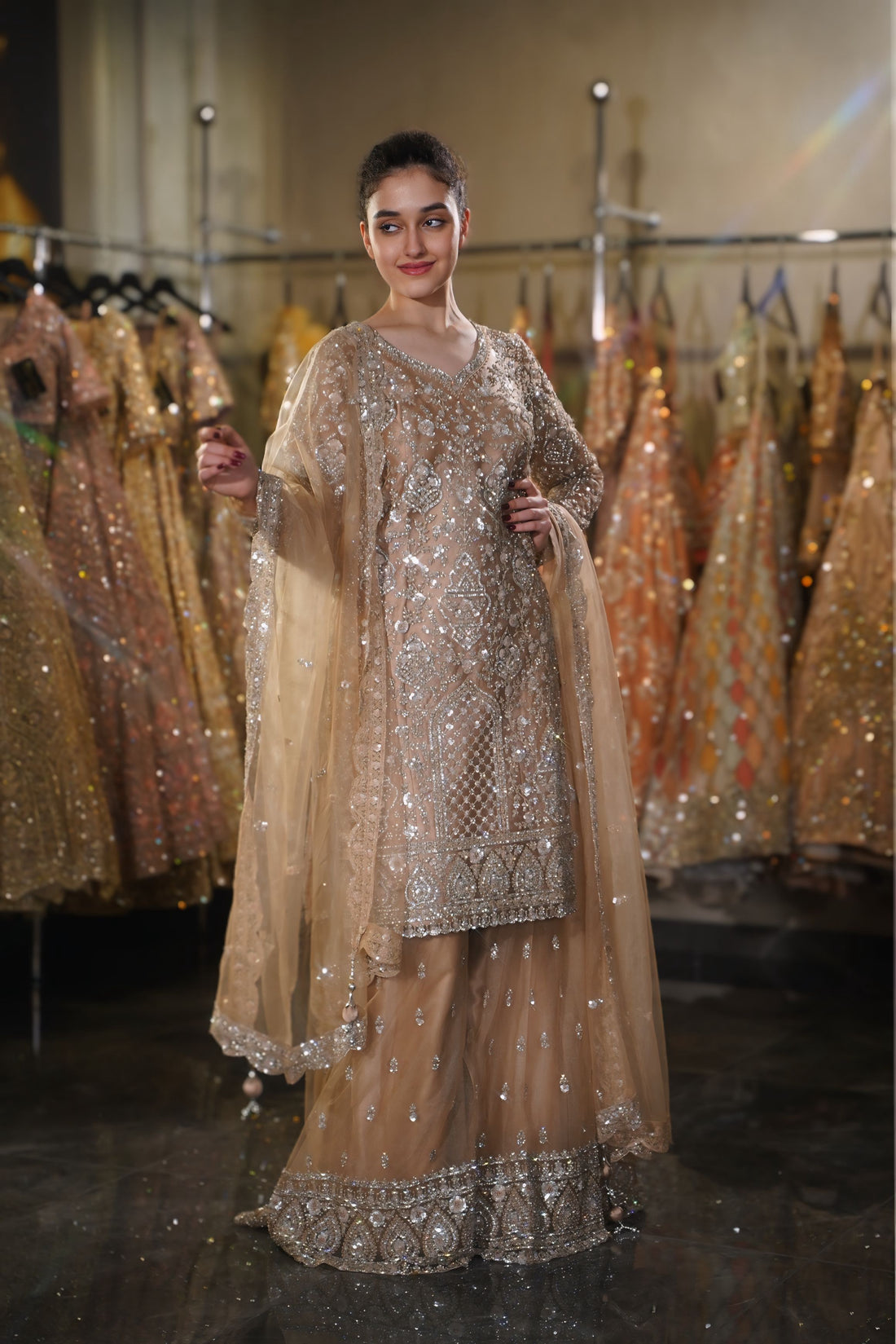 Champagne Beige Heavy Paisley & Geometric Embroidered Long Kurta Sharara Set