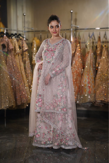 Blush Pink & Multi-Color Floral Embroidered Long Kurta Sharara Set