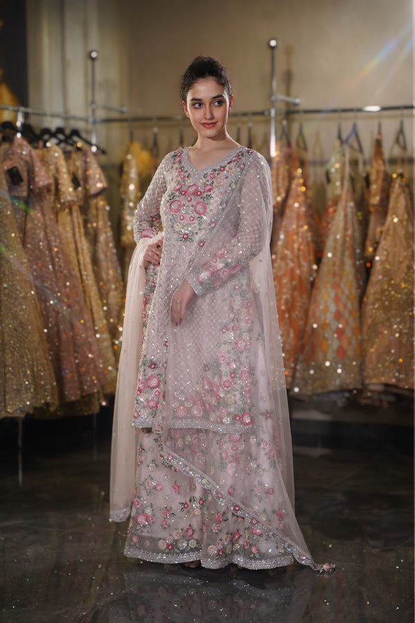 Blush Pink & Multi-Color Floral Embroidered Long Kurta Sharara Set