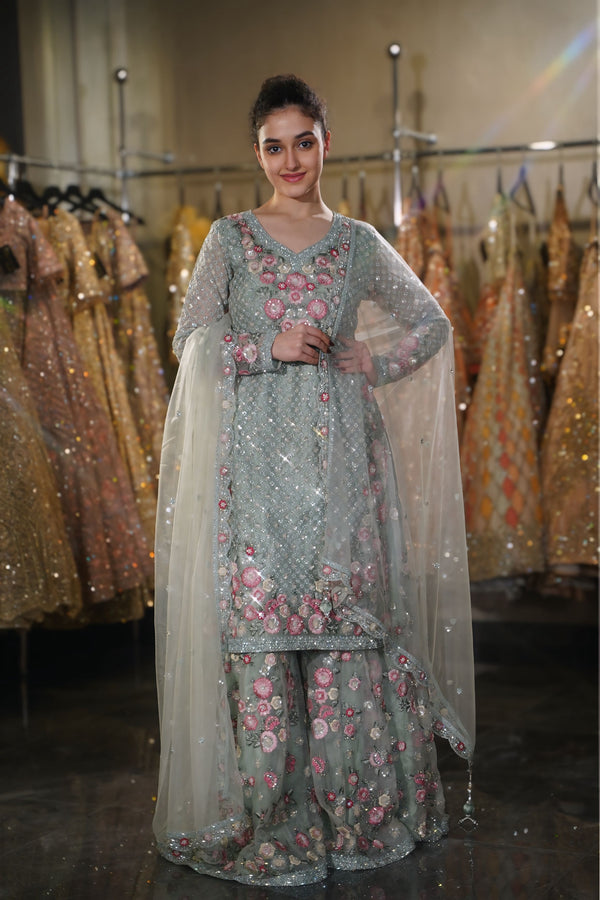 Sage Green & Pink Floral Embroidered Long Kurta Sharara Set