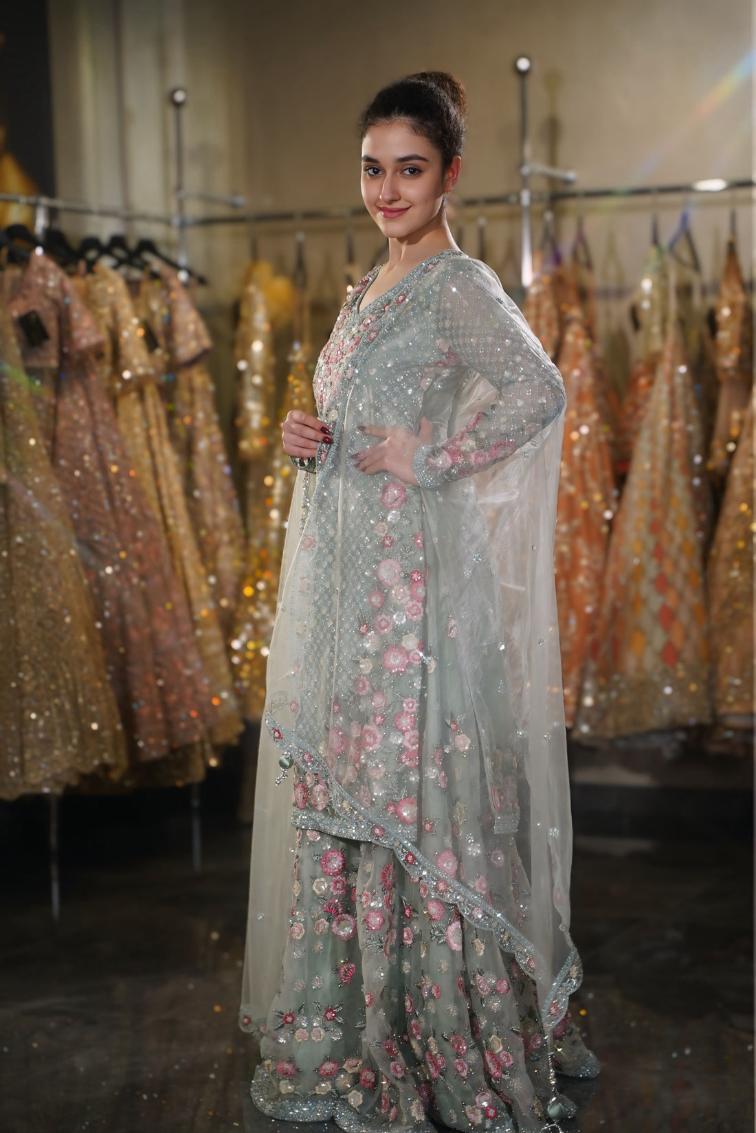 Sage Green & Pink Floral Embroidered Long Kurta Sharara Set