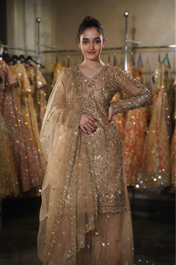 Warm Champagne Gold Linear Sequin Embroidered Long Kurta Sharara Set