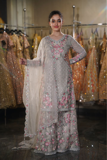 Silver Grey & Pink Floral Embroidered Long Kurta Sharara Set