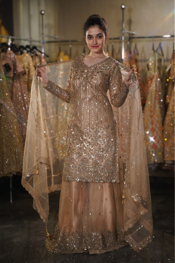 Champagne Gold Linear Sequin Embroidered Long Kurta Sharara Set