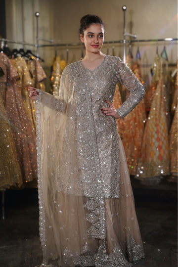 Dusty Taupe Silver Embroidered Long Kurta Sharara Set