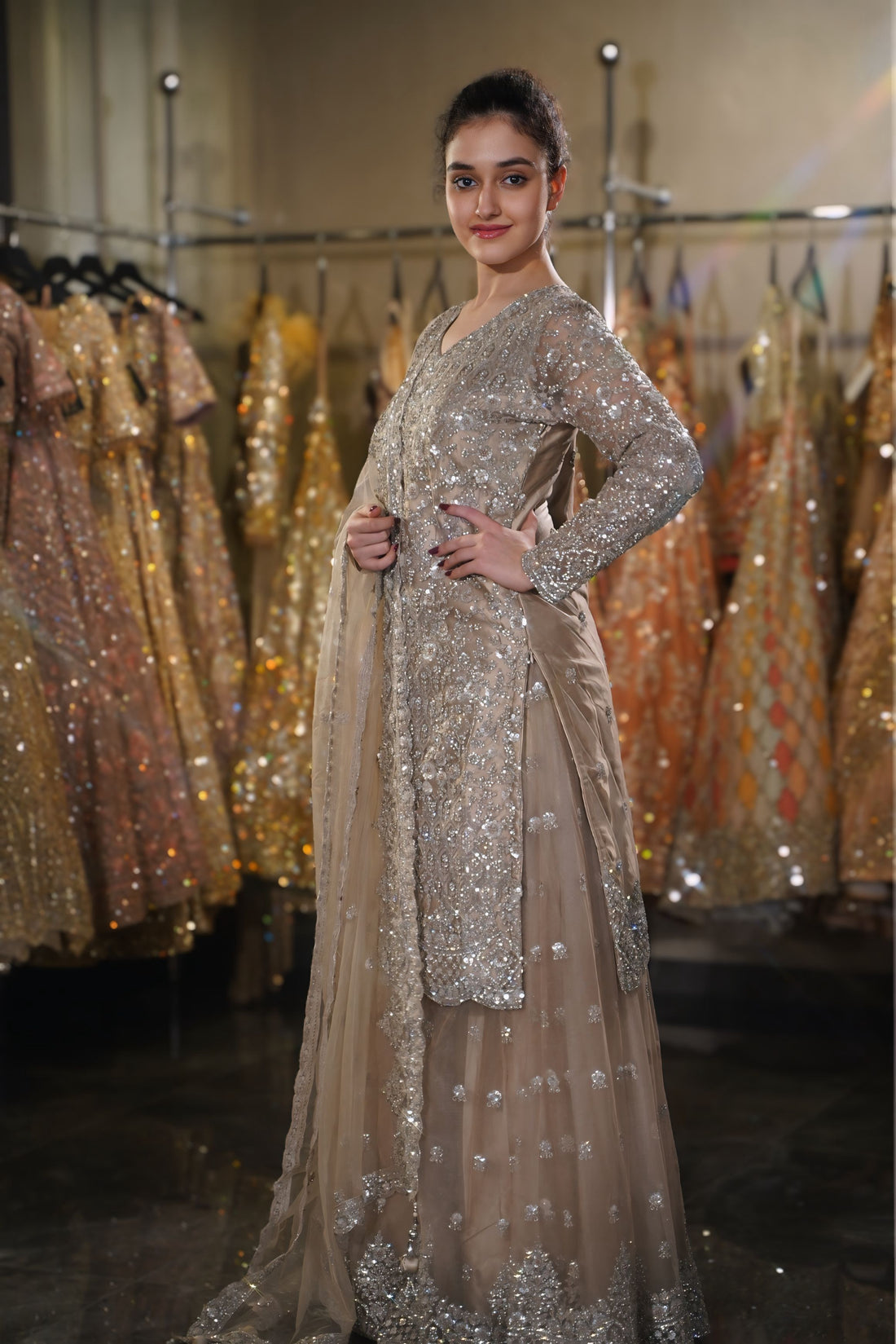 Dusty Taupe Silver Embroidered Long Kurta Sharara Set