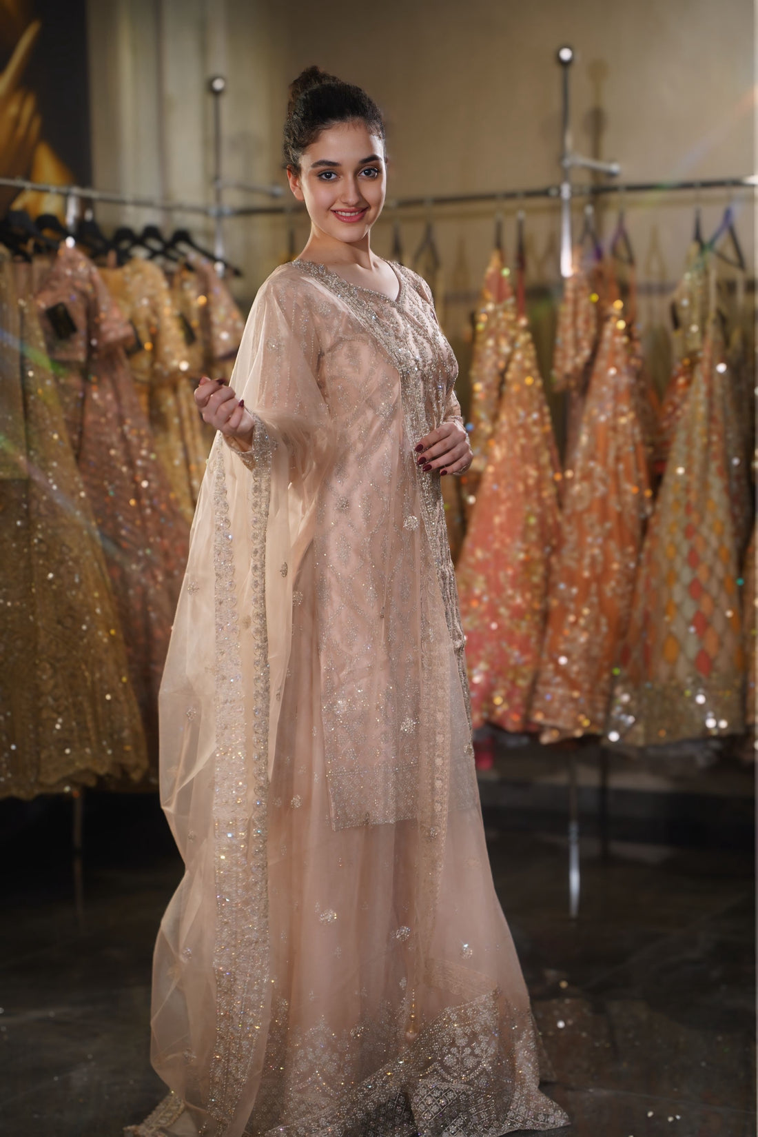 Blush Peach Geometric Lattice Embroidered Long Kurta Sharara Set