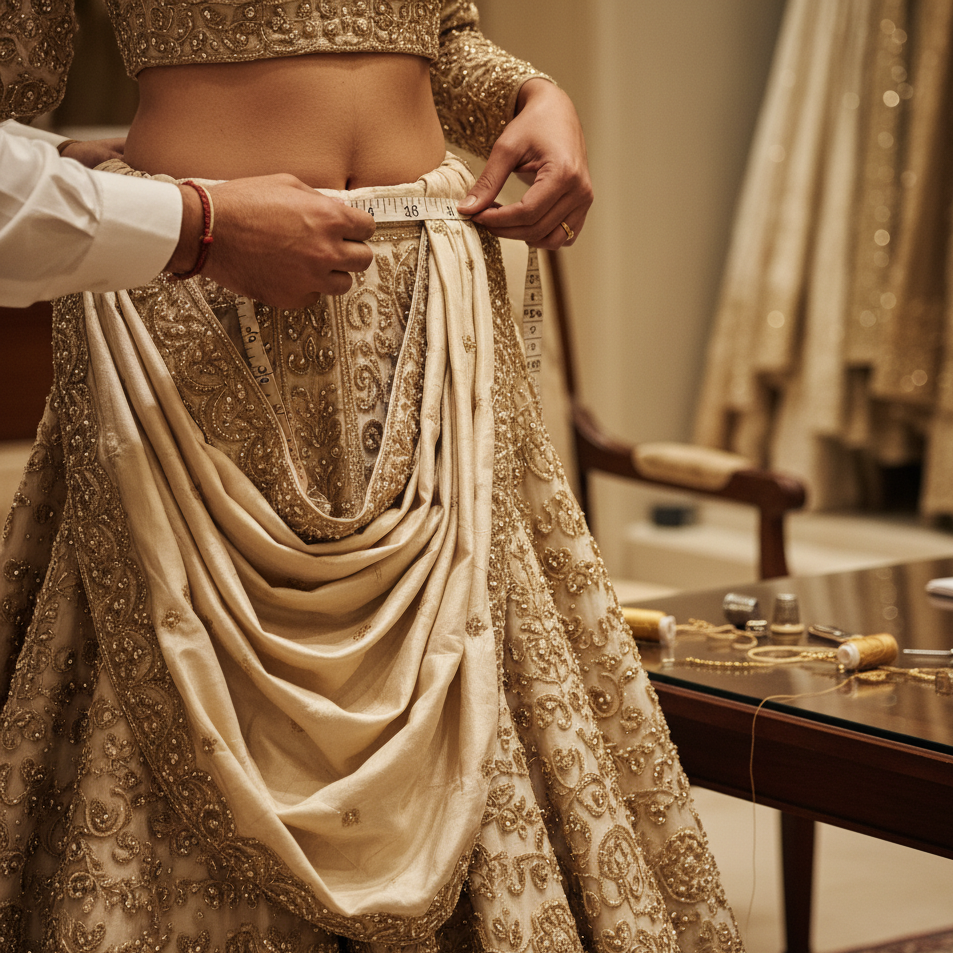 Person measuring an embroidered traditional outfit with a blurred background