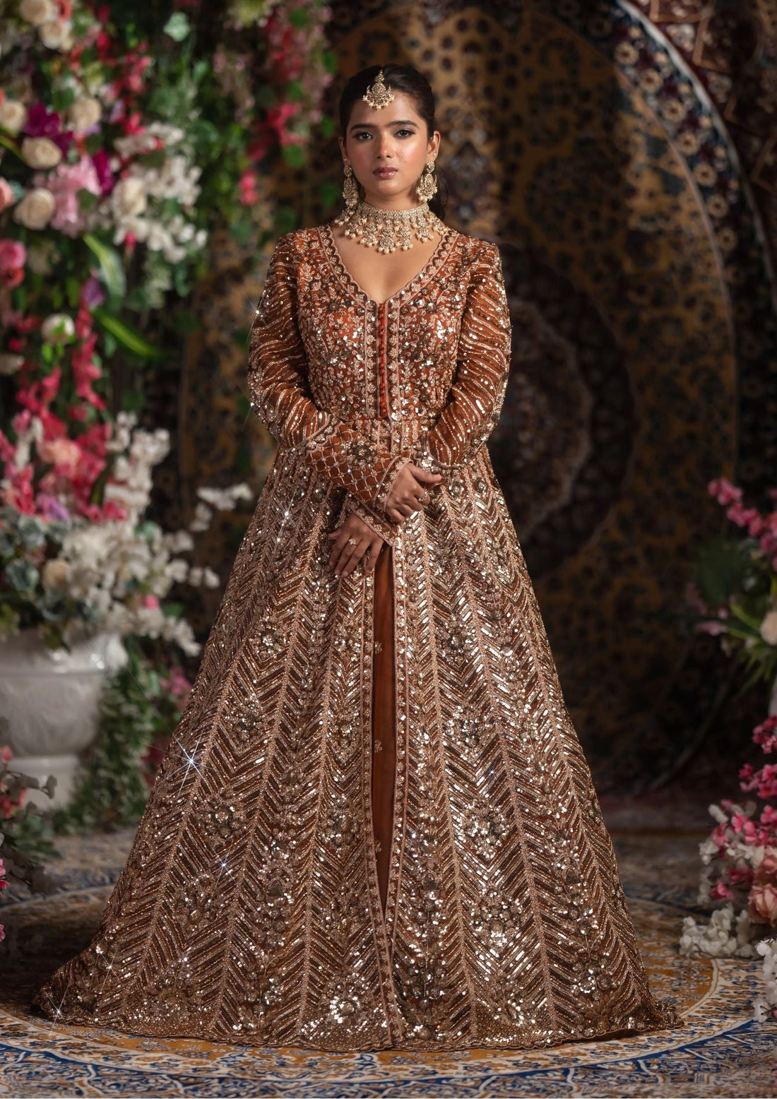 Bronze & Gold Sequin Embroidered A-Line Bridal Gown