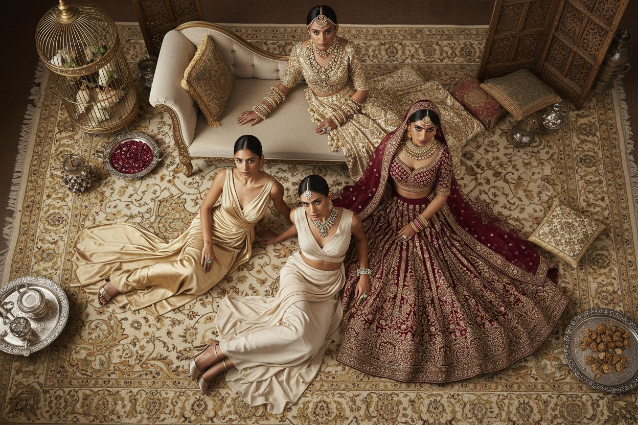 Overhead bird's eye view of four Indian models on ornate vintage carpet surrounded by luxury decorative elements, high-end fashion photography. First model in modern designer lehenga with fitted blouse, second model in classic bridal lehenga with heavy embroidery, third model in luxurious body-hugging designer dress, fourth model in opulent outfit with statement jewelry. Models elegantly posed on intricate Persian carpet in beige cream and champagne gold tones (#CCAA92, #F2EDE3). Surrounded by luxury props:slider_item_8Fdch7