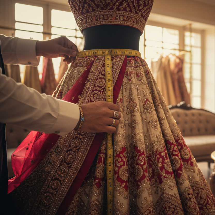 Professional Indian tailor taking measurements for bridal lehenga, measuring tape, elegant fabric draped, close-up detailed shot, warm lighting, luxury boutique setting, hands working with precision, craftsmanship focus, rich textures visible