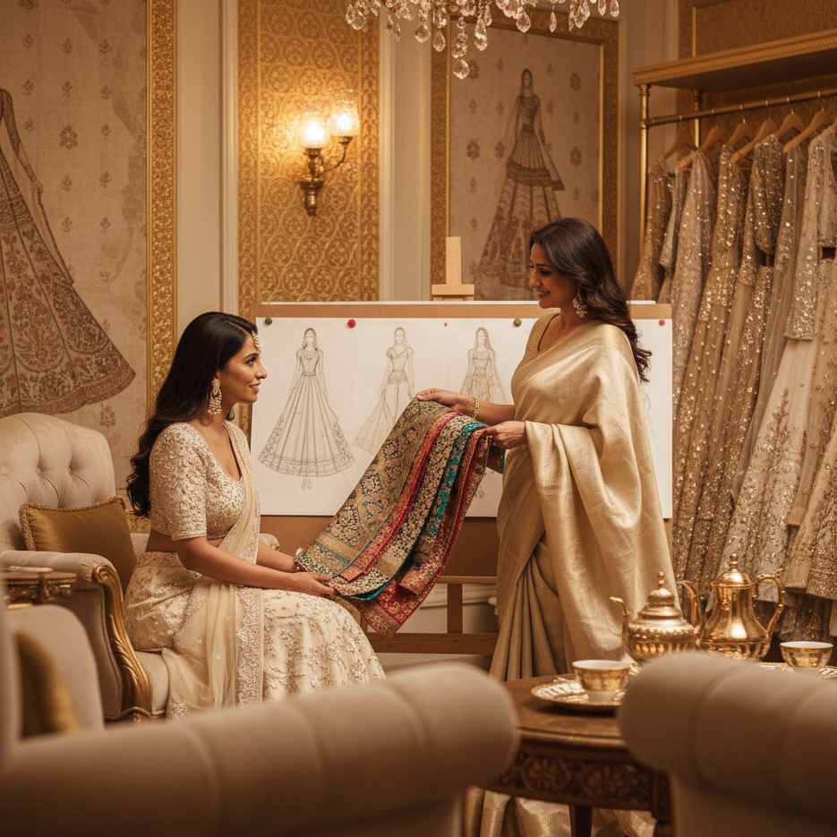 Two women in a room with traditional Indian attire and decor.